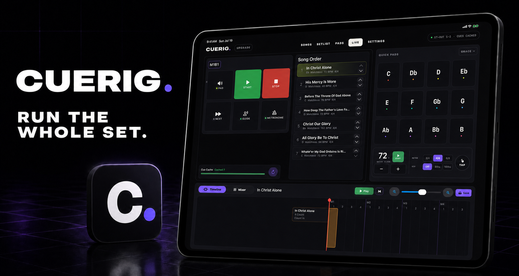 CueRig Live on iPad with song transport, song order, quick pads, metronome, and cue timeline