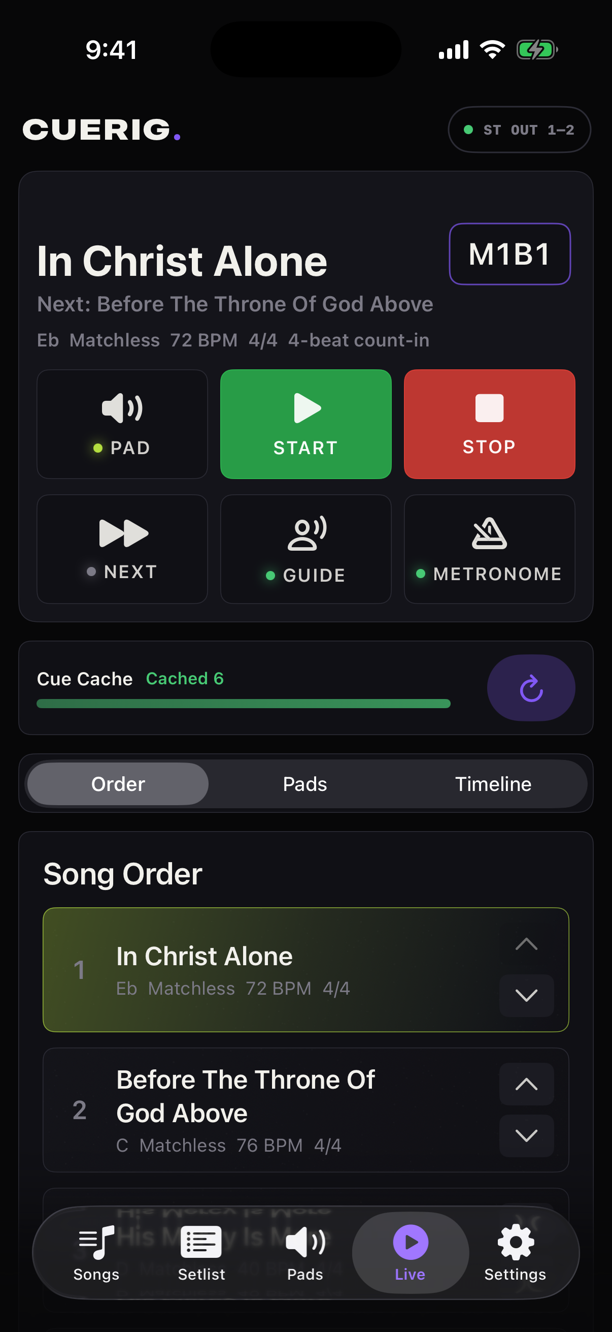 CueRig iPhone Live and Song Order view